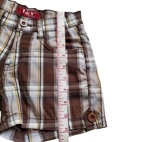 T & Y Fashion Plaid shorts womens size 0/XXS brown/white color pockets button - Picture 3 of 6